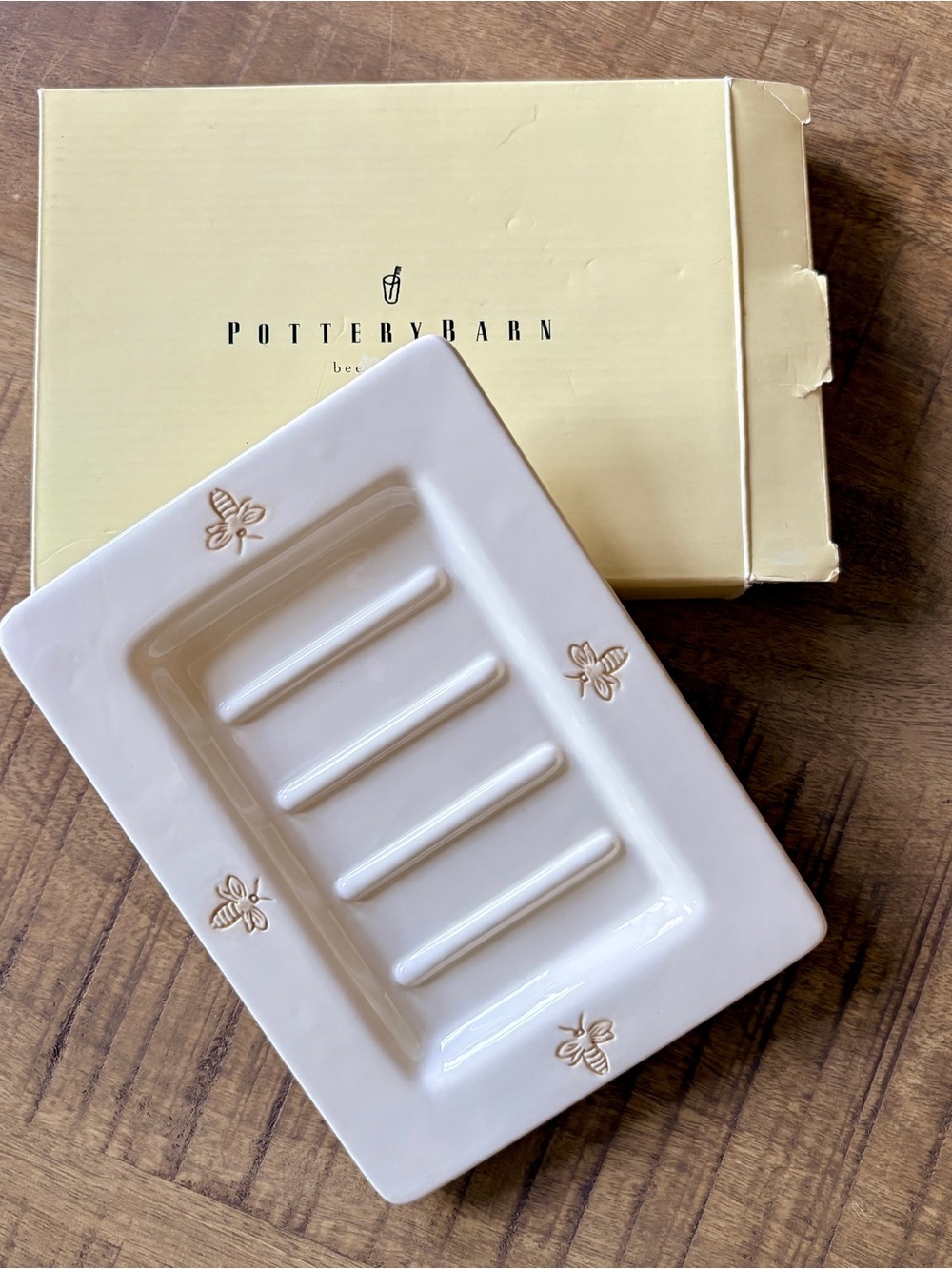 Pottery Barn Creamy White Ceramic Bee Soap Tray Dish